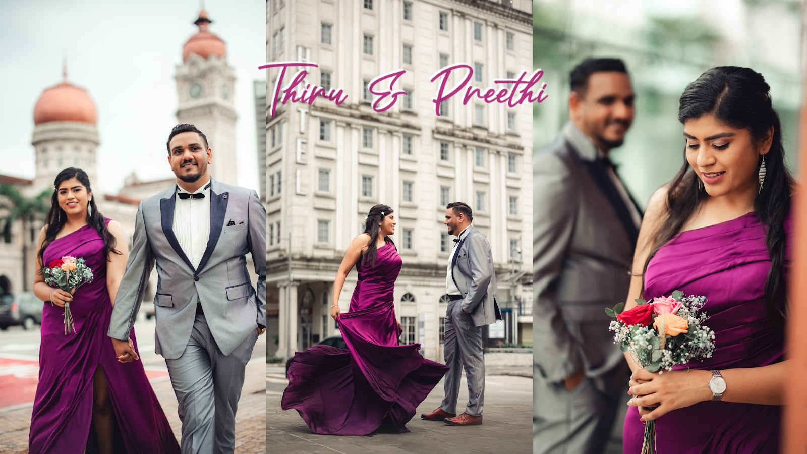 A wedding couple in a tailored grey tuxedo and purple dress